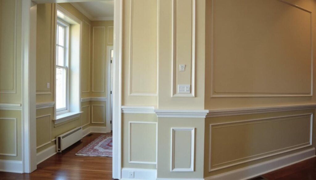 A room showcasing various styles of wall molding in a casual home environment.