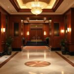 A classic NYC apartment lobby with elegant art deco designs in rich wood tones