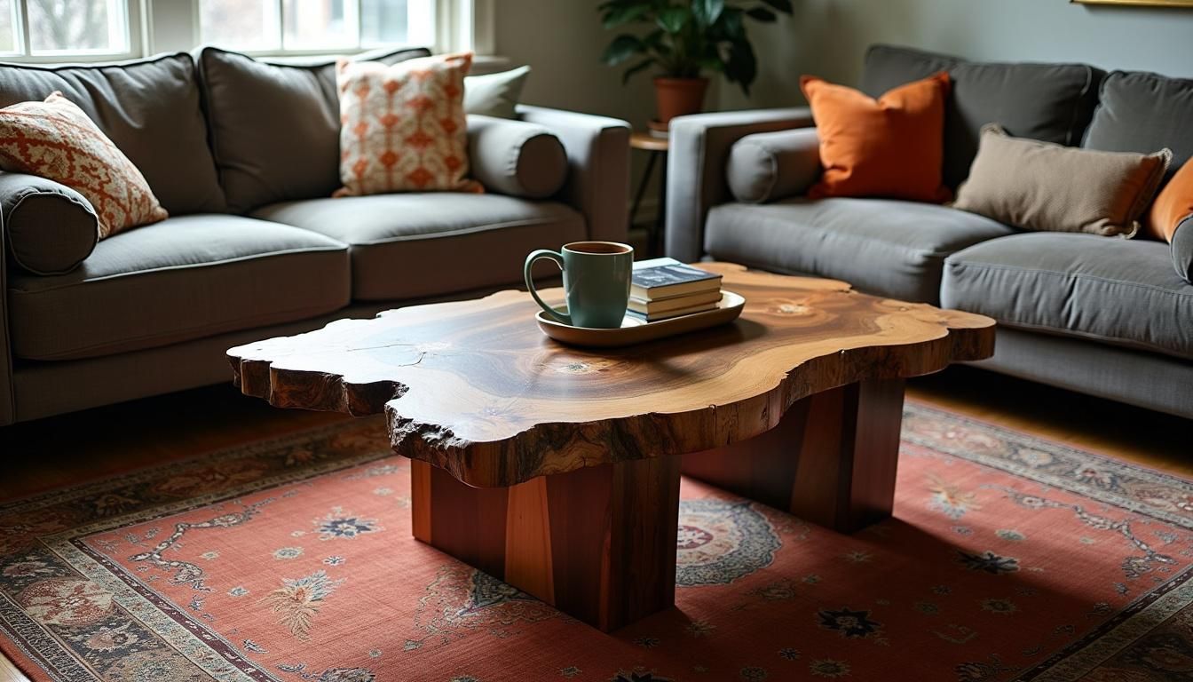 A cozy living room with a custom wooden coffee table, plush sofas, and vintage rugs