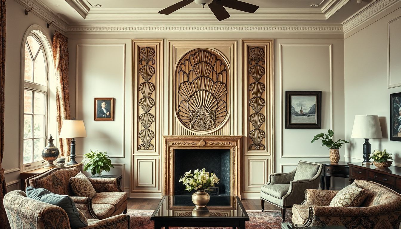 A stylish Art Deco millwork panel in a vintage living room with classic furniture.