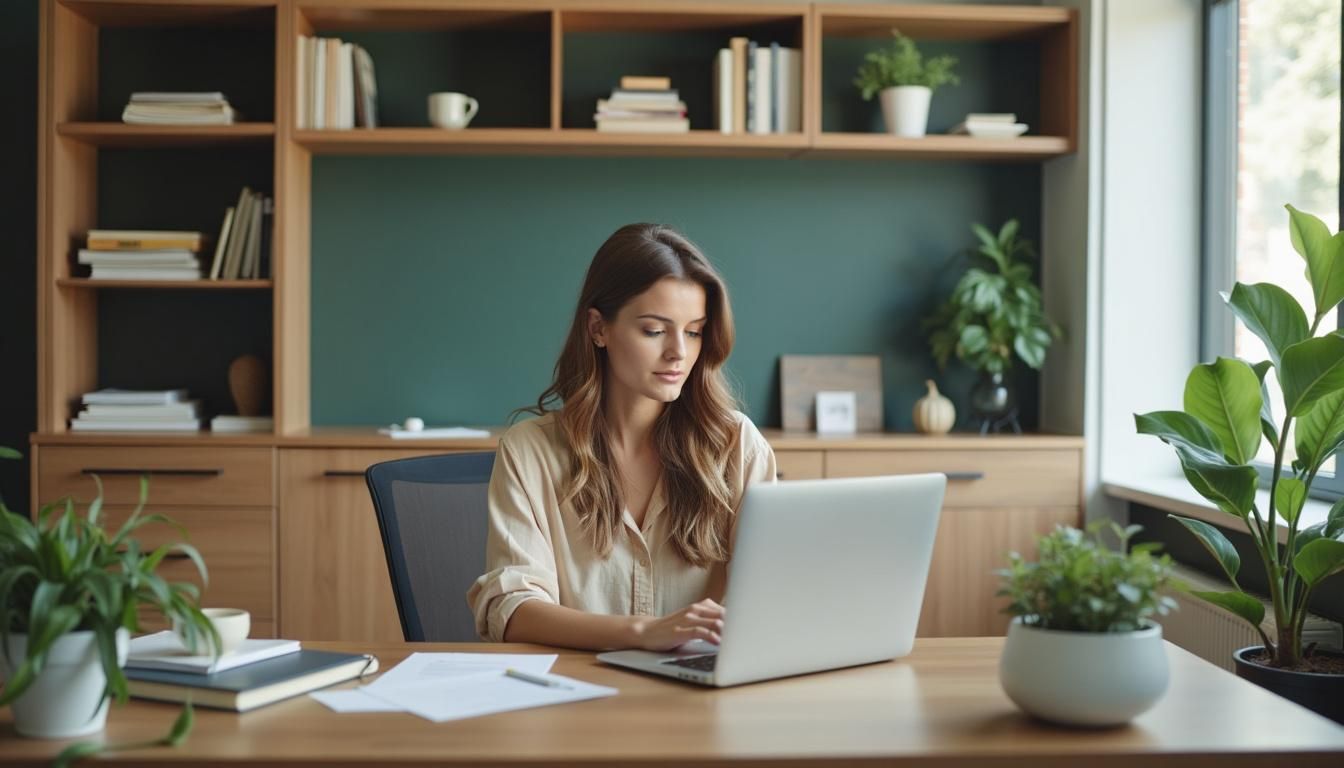 The office room features custom millwork and a modern desk with built-in storage