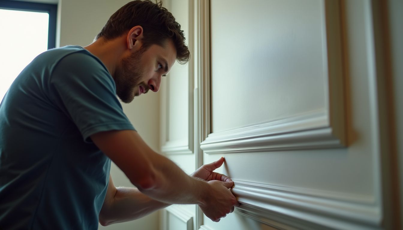 A craftsman is installing custom wall molding in a New York City apartment.