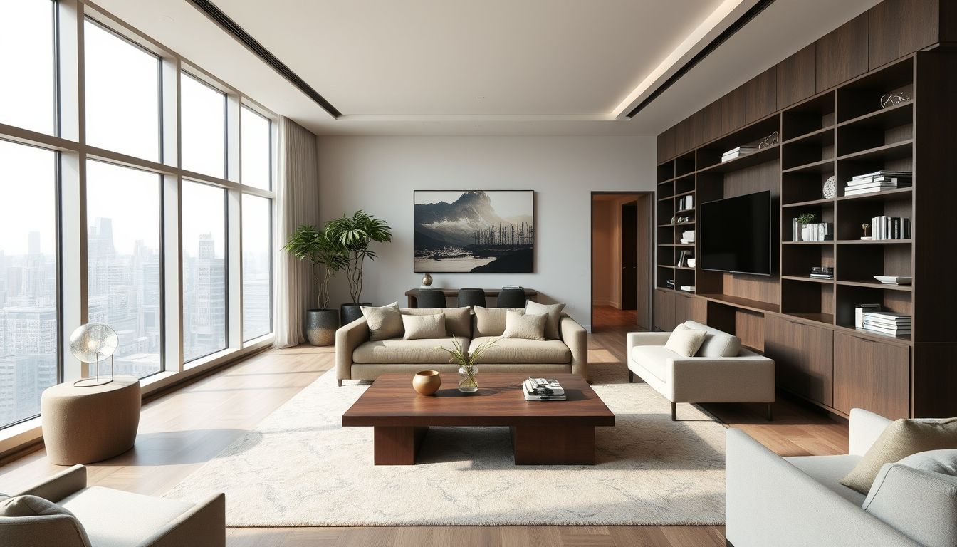 A modern living room in a New York City high-rise apartment featuring custom-designed furniture by Art Millwork.