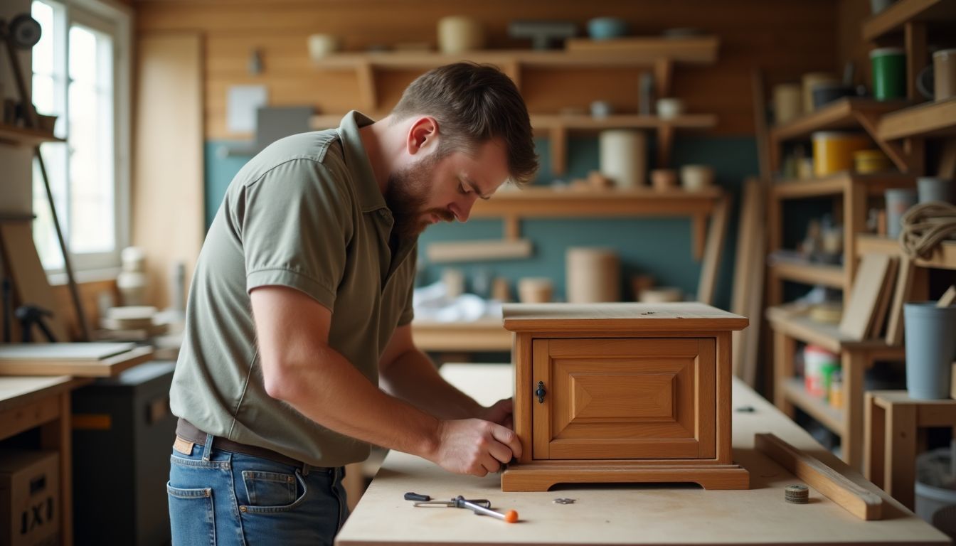 A man is focused on crafting a wooden cabinet in a cluttered workshop.