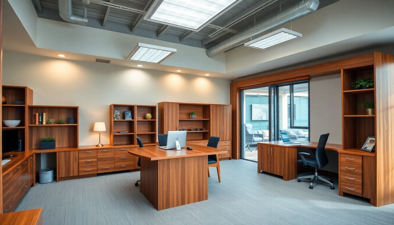 A modern office with custom wood furniture and fixtures, showcasing style and practicality.