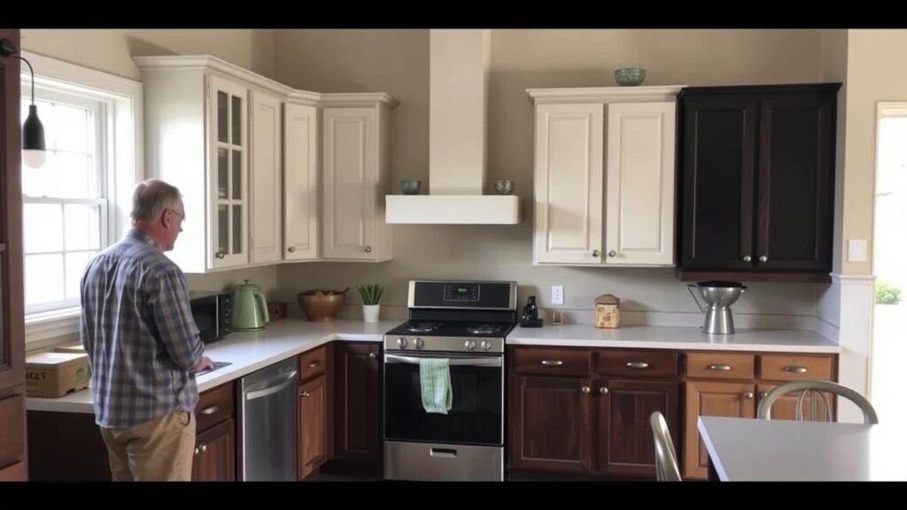 A homeowner compares custom and modular kitchen cabinets in a domestic kitchen setting