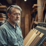 A man in a rustic millwork shop is looking at customized wood finishes on a display.