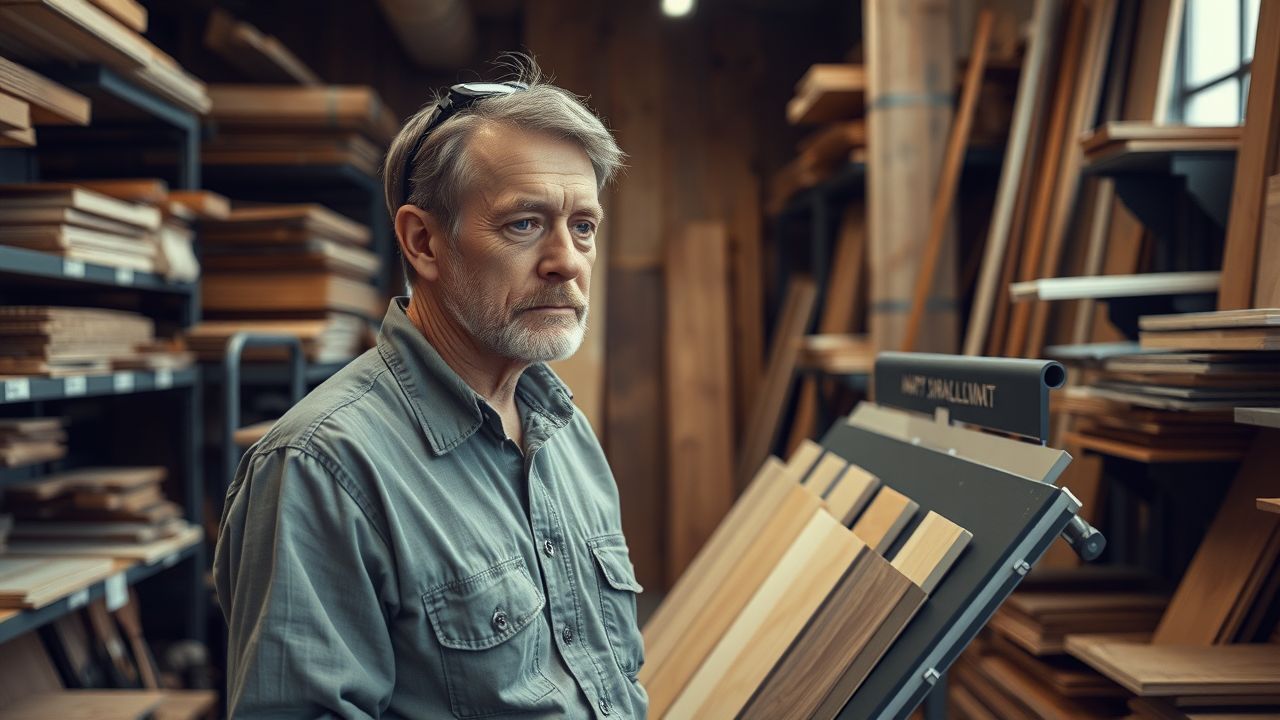 A man in a rustic millwork shop is looking at customized wood finishes on a display.