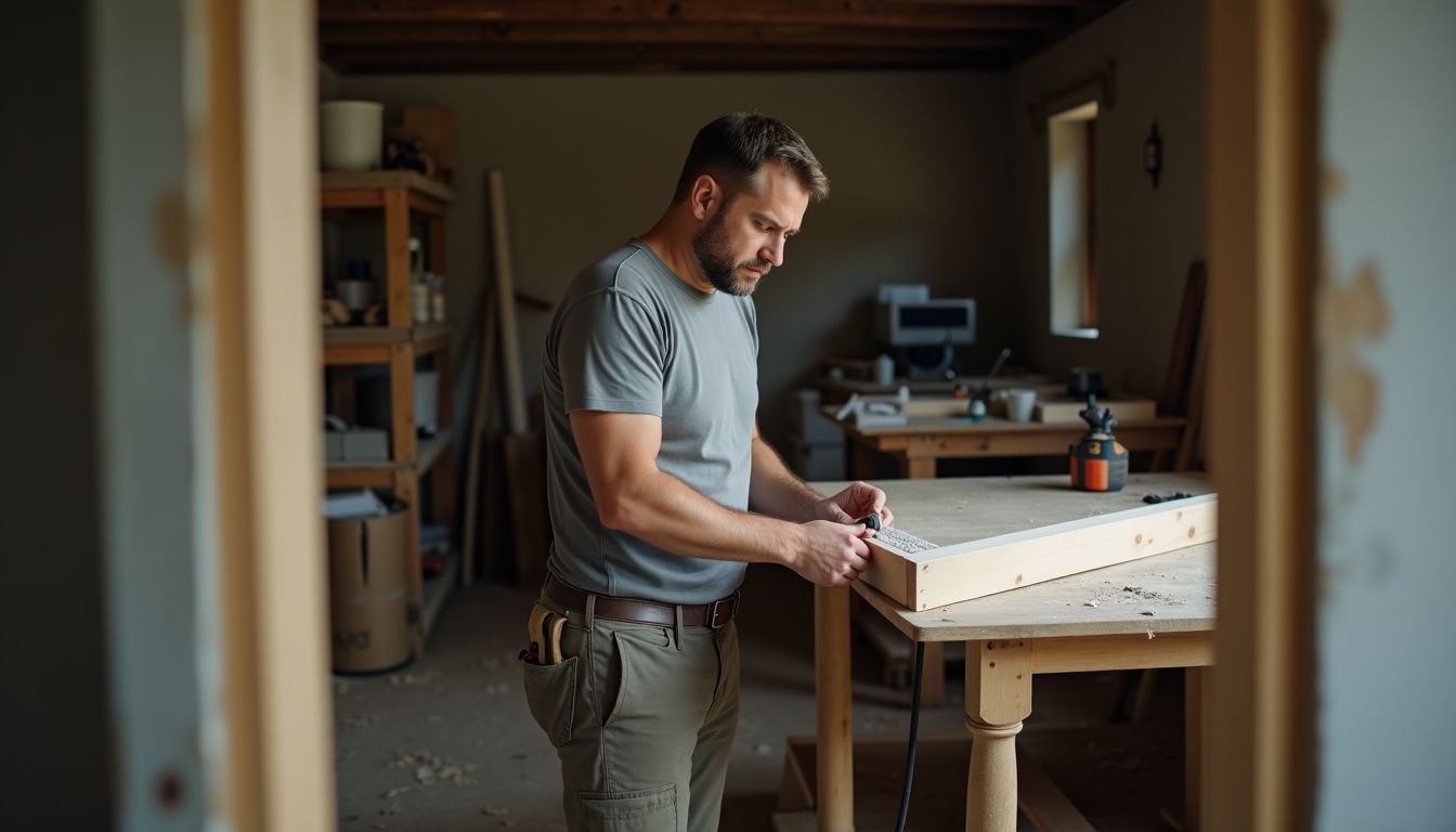 A millwork shop specialist is measuring and cutting crown molding on a professional desk.