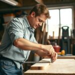 A carpenter measuring and cutting wood in a cluttered workshop filled with tools, ensuring the high Quality Millwork