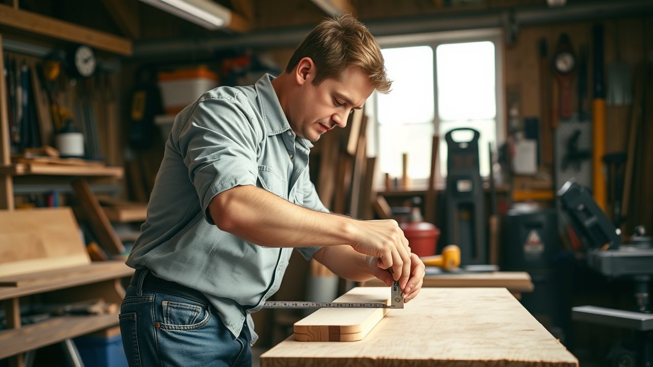 A carpenter measuring and cutting wood in a cluttered workshop filled with tools, ensuring the high Quality Millwork