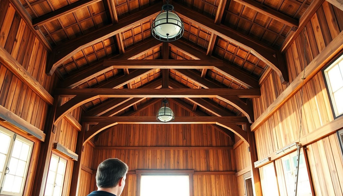 The image shows the interior of a rustic barn with beautiful custom woodwork and a person present.